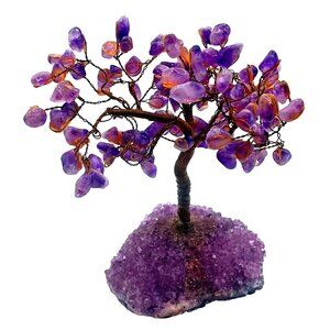 Handmade Amethyst Gemstone Bonsai Tree Of Life W/ Purple Crystal Geode Base